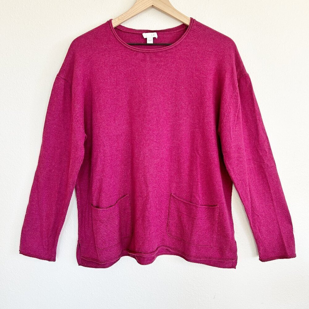 J Jill Sweater Pullover Tunic Long Sleeve Pockets Rolled Seams Purple